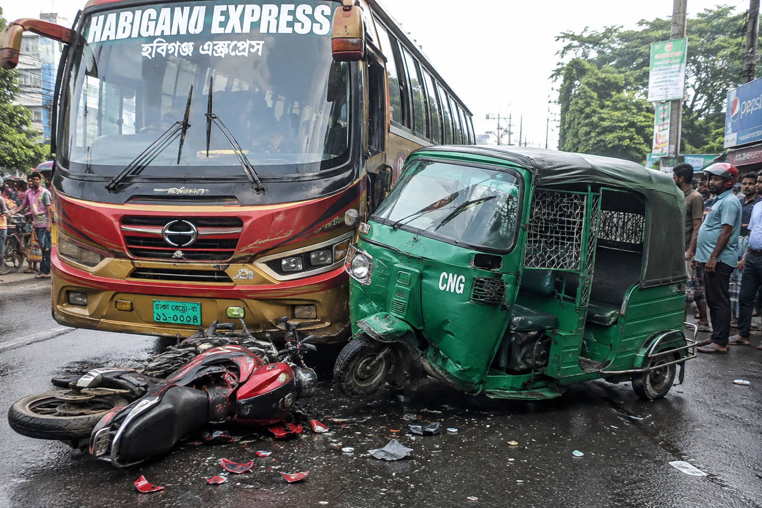সিলেটে বাস-সিএনজি ও মোটরসাইকেলের ত্রিমুখী সংঘর্ষ,