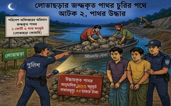 লোভাছড়া থেকে চু*রি হওয়া পাথর উ*দ্ধার, নৌকাসহ আট*ক ২