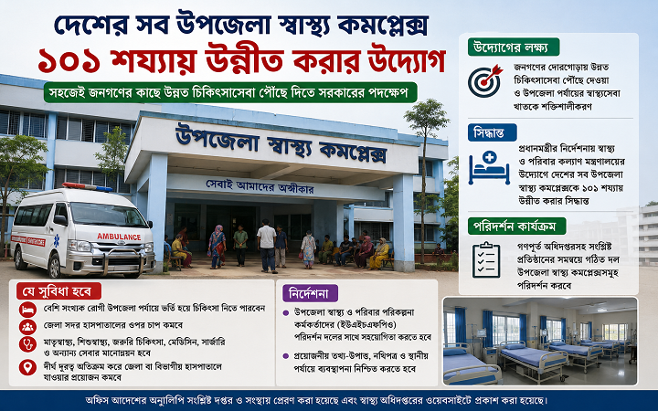 দেশের সব উপজেলা স্বাস্থ্য কমপ্লেক্স ১০১ শয্যায় উন্নীত করার সিদ্ধান্ত