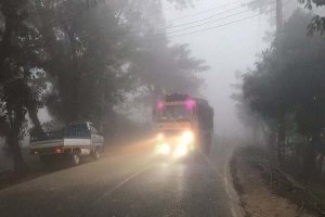 জগন্নাথপুরে ঘন কুয়াশায়, দিনেও হেডলাইট জ্বা লি য়ে চলে গাড়ি