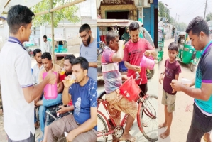 শায়েস্তাগঞ্জে পথচারী ও সাধারণ মানুষের মাঝে  ছাত্রলীগের ঠান্ডা পানীয় বিতরণ